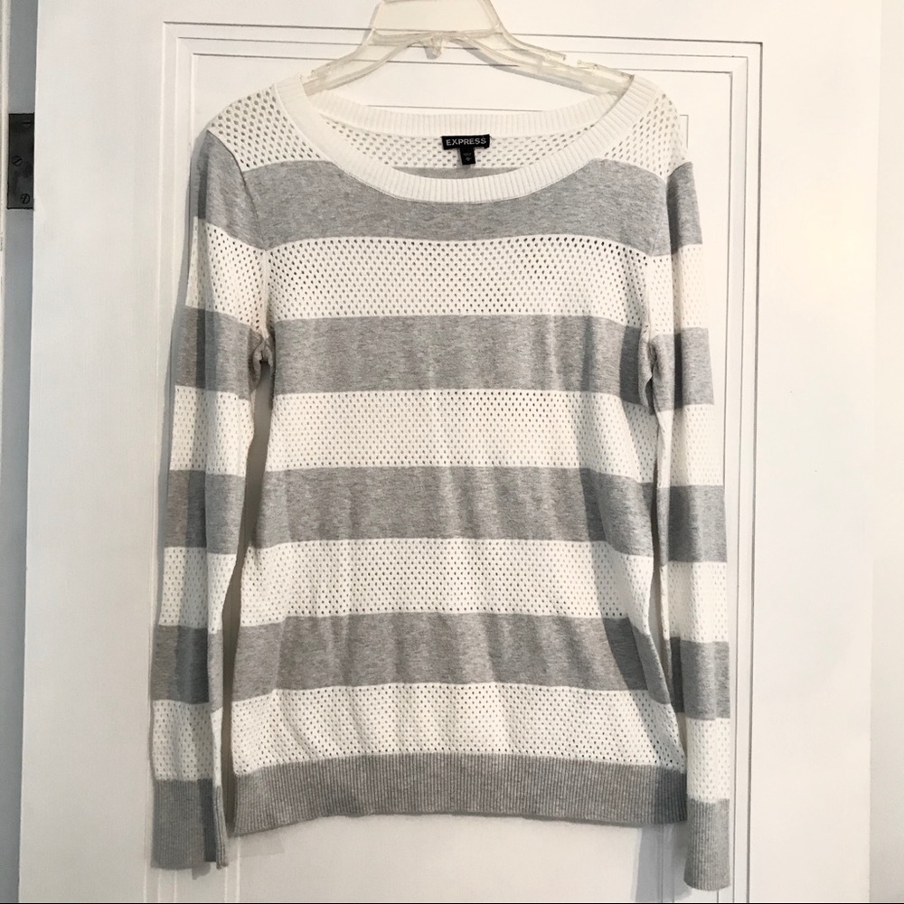 Express Striped Gray and White Long Sleeve Sweater